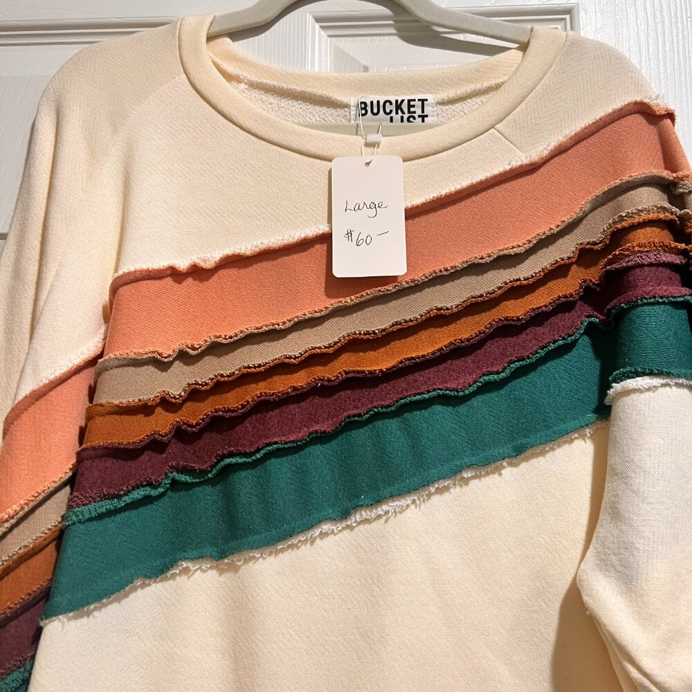 NWT: Bucketlist Cream Oversized Sweatshirt Retro 70s Stripe Pullover - Picture 5 of 5
